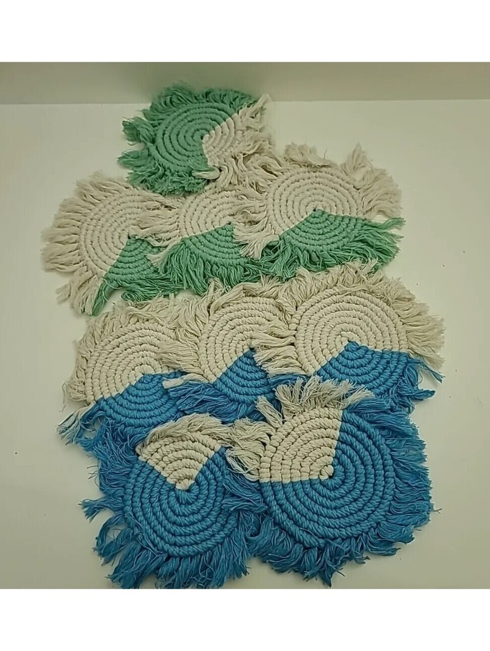 9 Macrame Boho Coasters Hot Pads Wall Hanging Mobile Crafting Blue Green Creme